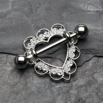 Detail View 1 of Heart Filigree Nipple Shield Ring-Steel